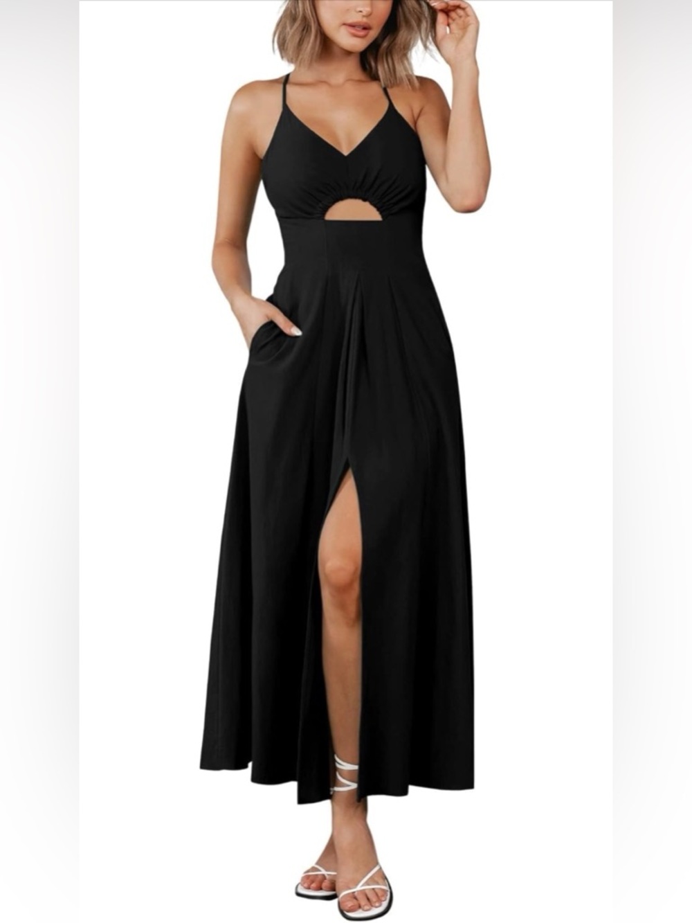 Black Spaghetti Strap Cutout Maxi Dress A-Line Slit Beach Vacation Sundress - M - Picture 2 of 11